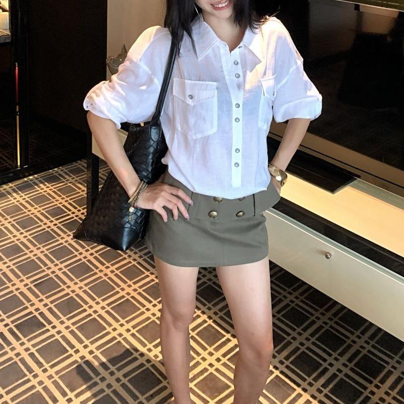 White polo collar long-sleeved shirt women's 2026 summer new loose shirt niche casual cardigan top set