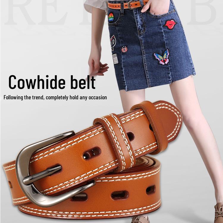 Women's Genuine Leather Hollow Pin Buckle Belt - Fashionable, Versatile, Retro Casual Waist Belt for Jeans