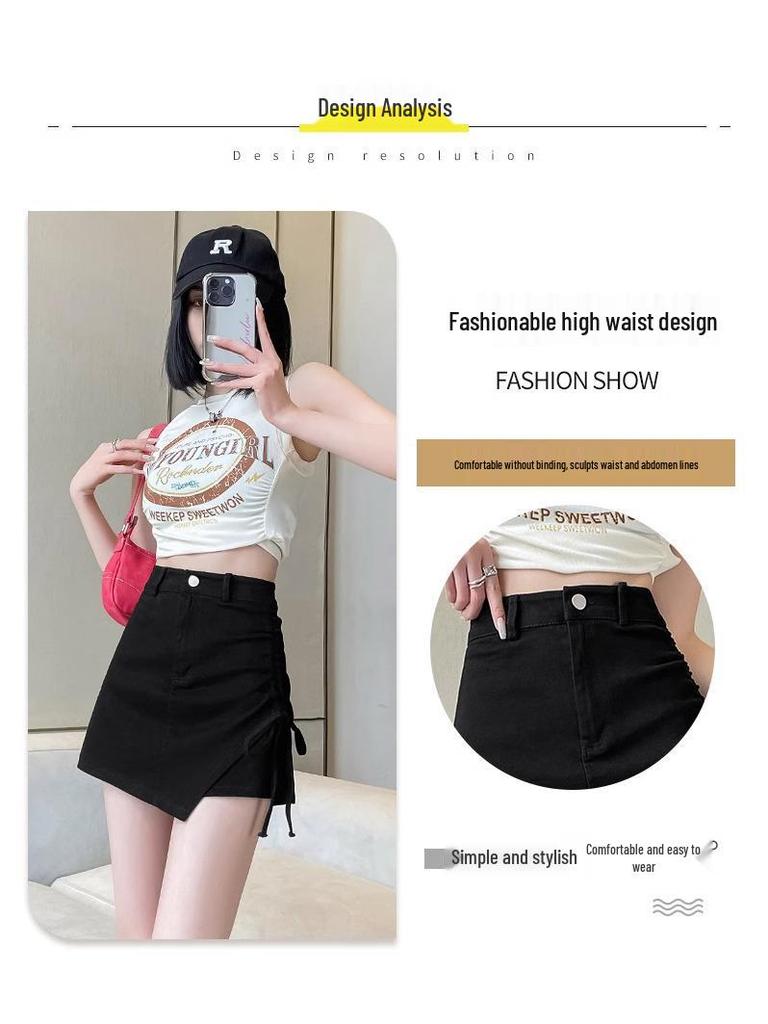 2024 Summer Black Irregular High Waist A-line Skirt with Slimming Ruched Design for Women