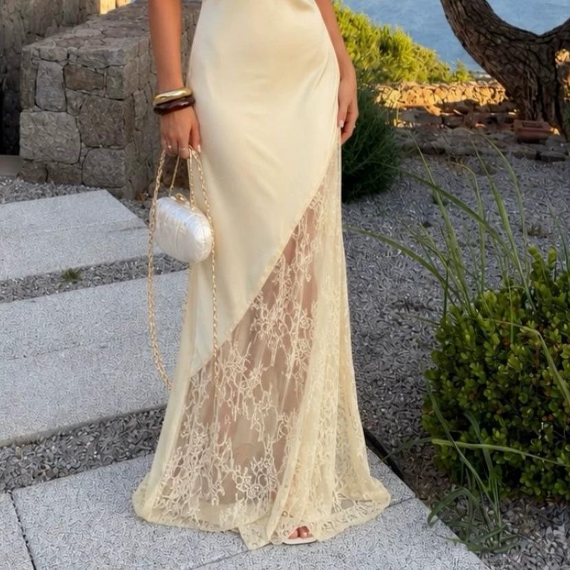 Women's summer new French elegant celebrity style neck waist slim lace fishtail temperament dress