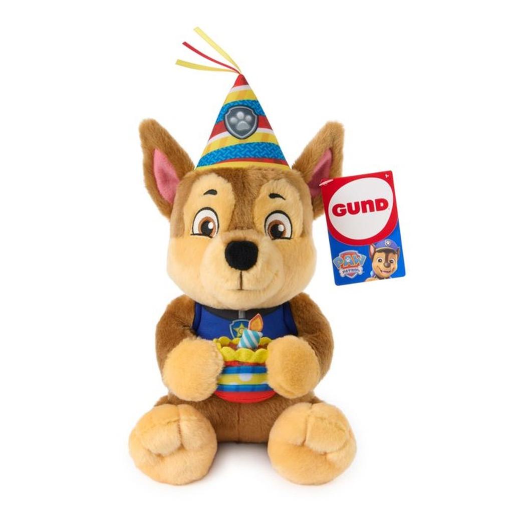Peluche câlin Anniversaire Chase la Pat' Patrouille - SPIN MASTER - 25 cm - Peluche douce - GUND - A partir de 12 mois