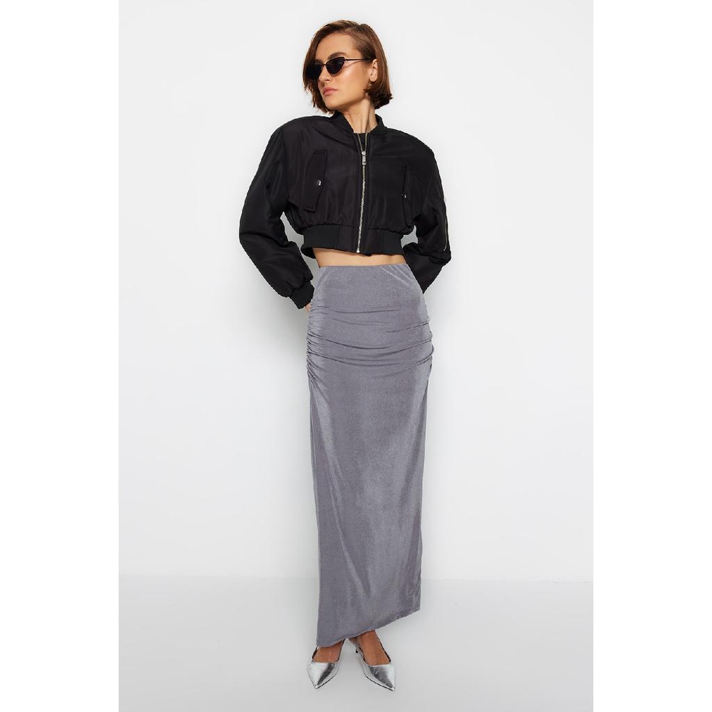 Navy Blue Premium Shiny Surface And Soft Textured Draped Maxi Knitted Skirt Twoaw24et00090