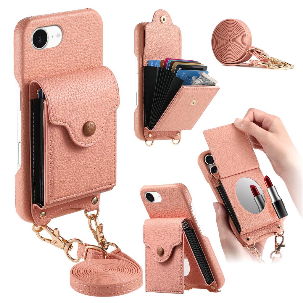 For iPhone 16e Case Mirror Card Holder Litchi Texture Leather Phone Back Cover with Long Strap