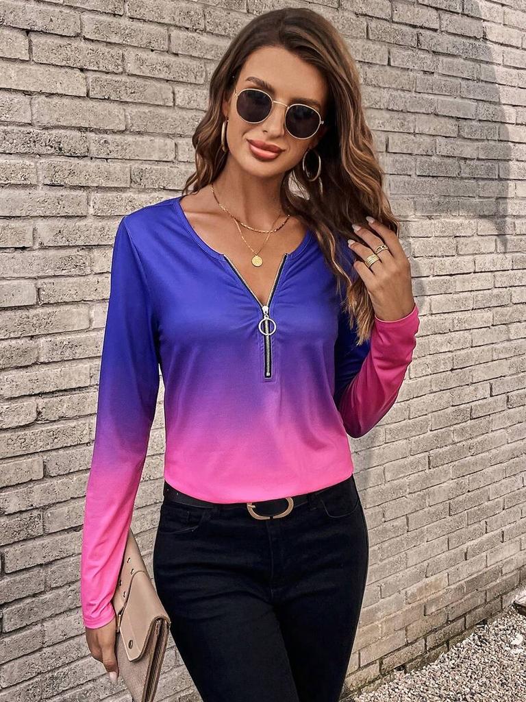 Women's Casual Red White Blue Striped Print Loose Fit Round Neck Long