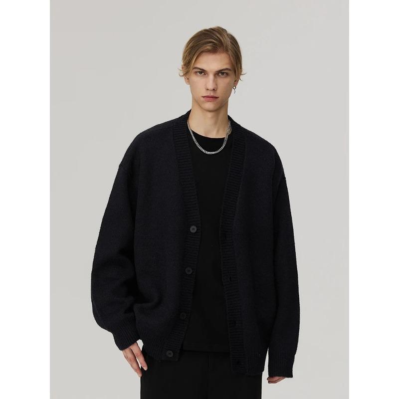 Autumn Men's V-neck Knitted Cardigan Jacket Korean Style Trendy Solid Loose Casual Lazy Style Sweater