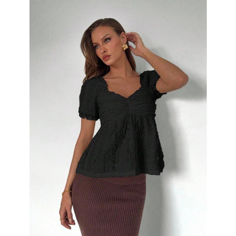 Casual European American V Neck Puff Sleeve Solid Color Loose Short Sleeve T Shirt For Women
