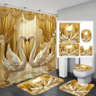 1/4 Stück Badezimmer Duschvorhang Set Golden 3D Schwan Druck Badezimmer Vorhang Mit 12 Haken Rutschfeste Teppiche WC-Deckel Matte Badezimmer Trennwand