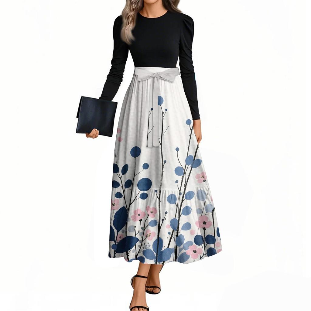 Rochii de damă la modă, casual, cu centură, cu mânecă lungă, cu gât rotund, cu imprimeu floral, elegante, cu temperament