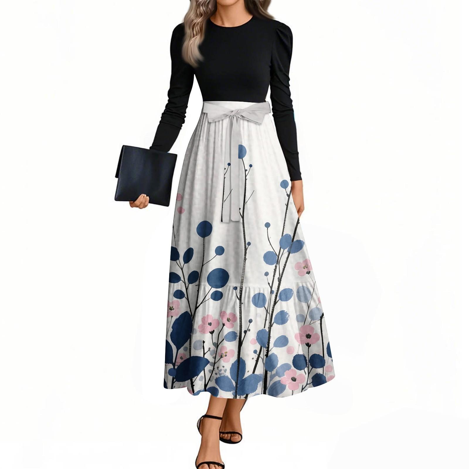 

Женские модные повседневные платья с поясом, с длинным рукавом, круглым вырезом, с цветочным принтом, элегантные, с темпераментом M синий