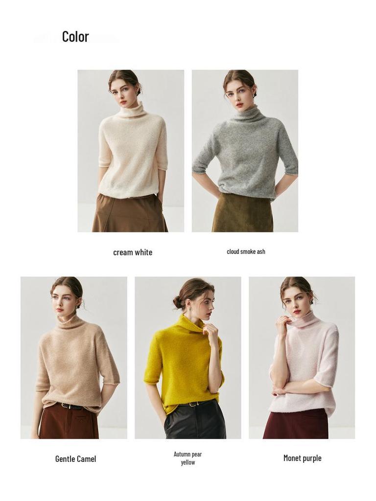 2025 Women's Autumn/Winter Herbalife Cashmere High-Neck Rolled Edge Half-Sleeve Sweater