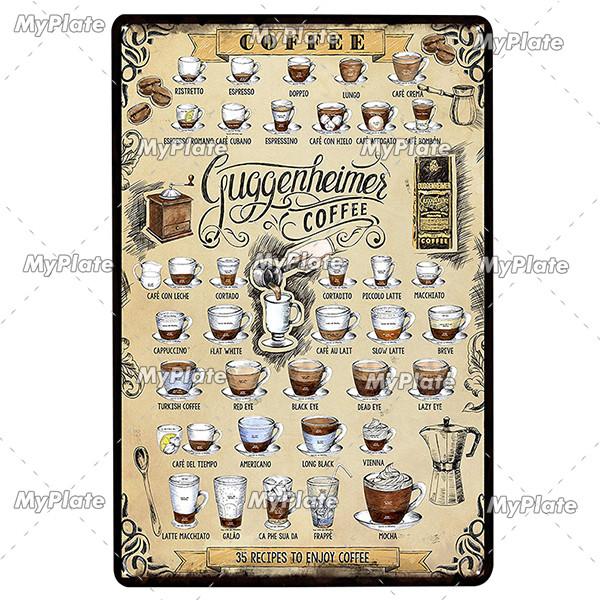 

Металлическая табличка Меню кофе Винтажная плакетка КАФЕ Жестяная табличка Тарелка Настенный декор Для бара Паба Мужской пещеры Постер с рецептами кофе На заказ 20x30cm（7.8x11.8inch）