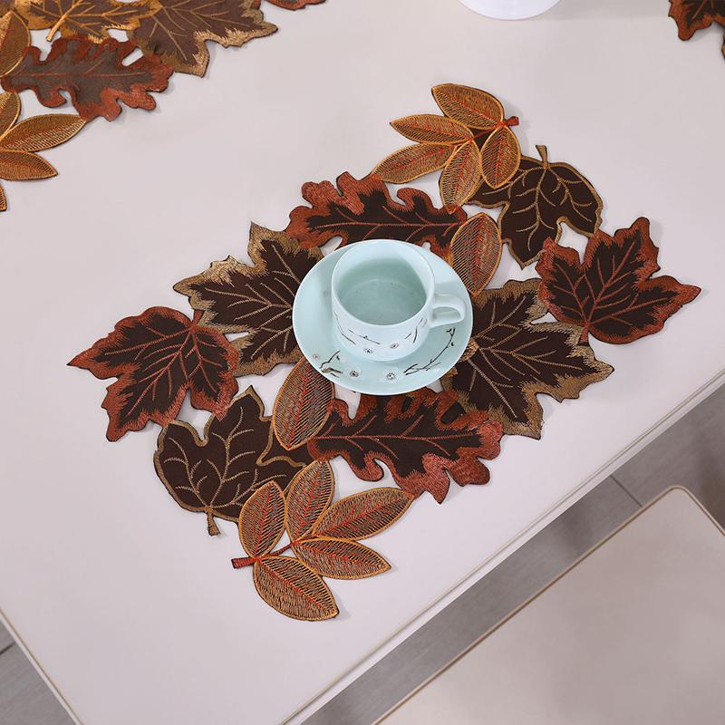 1Pc Autumn Maple Leaf Embroidered Table Runner Hollow Out Flocked Brown Maple Design Rustic Farmhouse Thanksgiving Harves