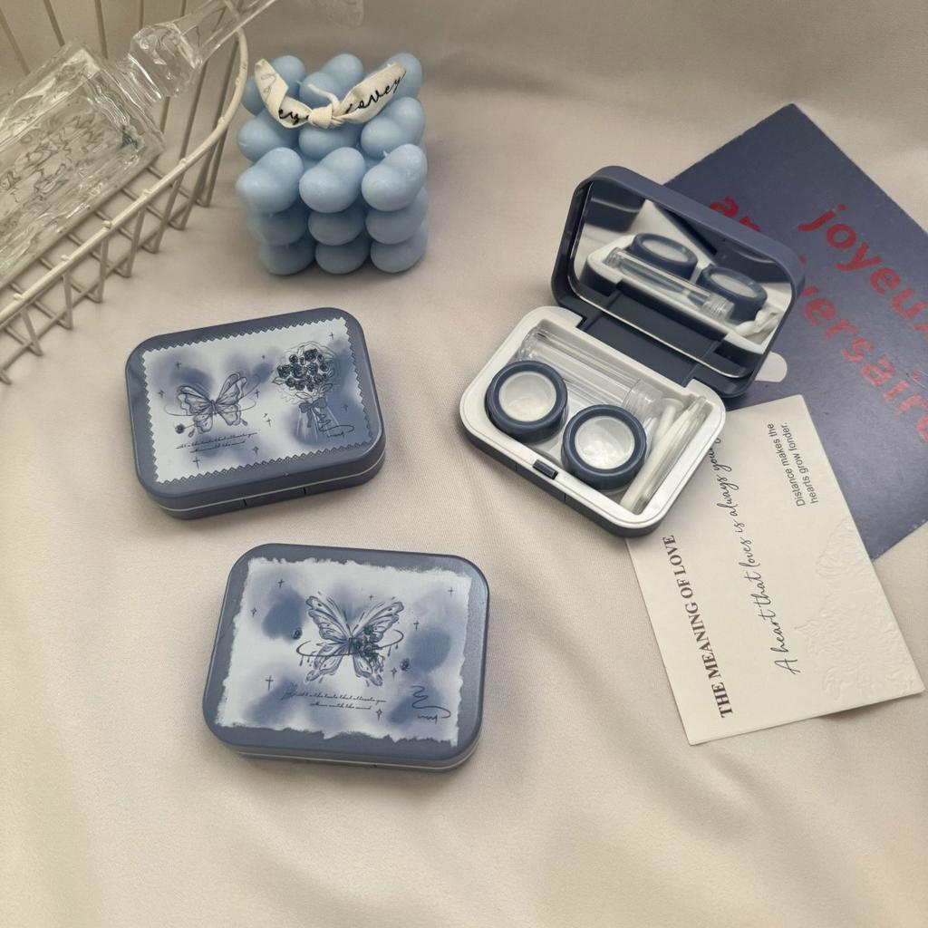 Romantic Ice Blue Rose Contact Lens Box Portable Contact Lens Case Companion Care Box Contact Lenses Case with Mirror Tweezers