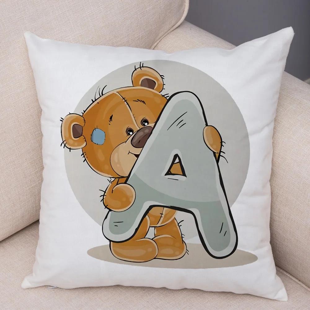 Cute Cartoon Bear Animal Cushion Cover for Sofa Children Room English Letter Print Pillow Case Short Plush Pillowcase 45x45cm