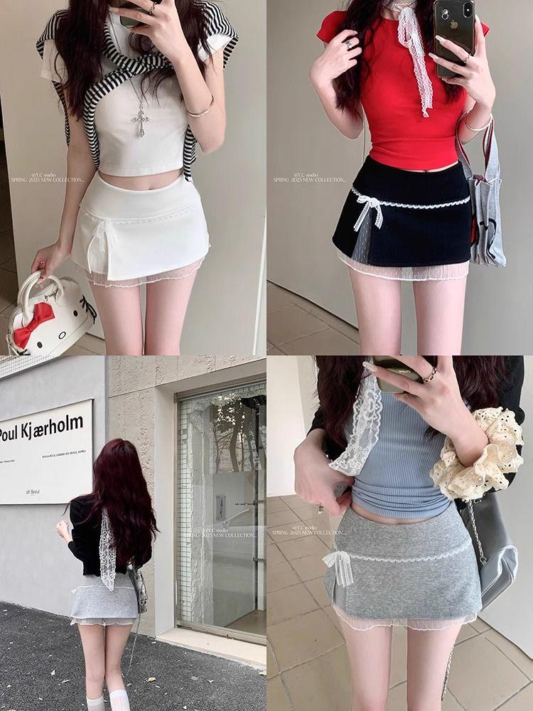 Bowknot Sweet Lace Patchwork High-Waisted A-Line Skirt - Summer Spicy Style Anti-Exposure Hip-Hugging Short Skirt for Women.