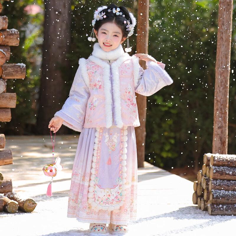 Annie Youer Girls' Winter Hanfu Tang Suit Dress Set