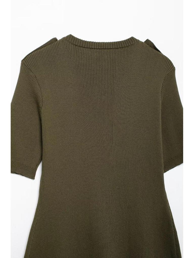 2024 Autumn Women's Military Green Ribbed Knit Button-Up Dress