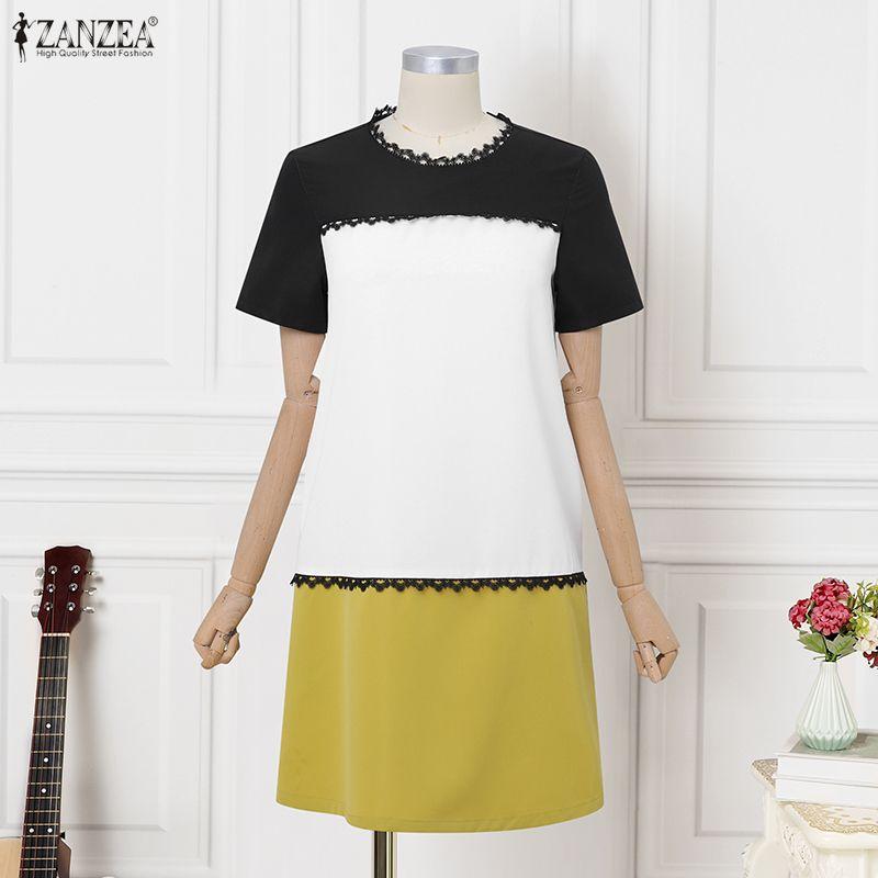 ZANZEA Women Casual Round Neck Short Sleeve Summer Patchwork Dress