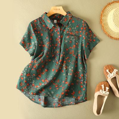 Vintage Blumenmuster Damenhemd Sommer Mode Kurzarm Tasche Locker Lässig Bluse Weiblich Bequem Weich Dünn Tägliches Oberteil