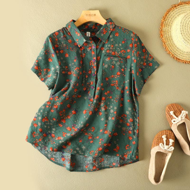 

Vintage Floral Print Women s Shirt Summer Fashion Short Sleeve Pocket Loose Casual Blouse Female Comfortable Soft Thin Daily Top XXL зелений