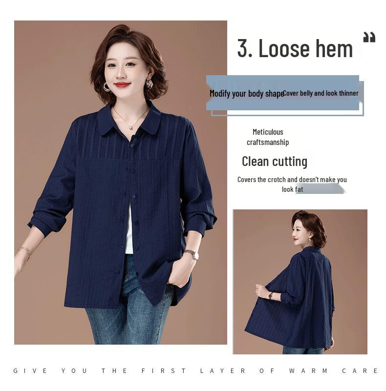 Bluzka damska z czystej bawełny w dużych rozmiarach z kołnierzykiem typu turn-down - Moda wczesnojesienna dla mam w średnim wieku