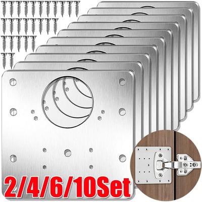 2/10 Jeux Plaque de Réparation de Charnière Charnières de Porte d'Armoire de Cuisine Plaque de Montage avec Vis Équerres de Fixation Plates Quincaillerie d'Ameublement Outils