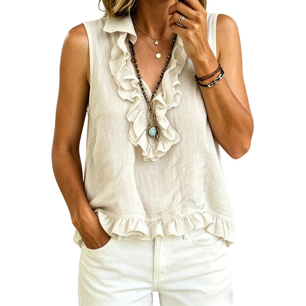 Women's V Neck Ruffle Sleeveless Blouse Lightweight Summer Casual Vacation Top with Frilled Hem and Front Detail