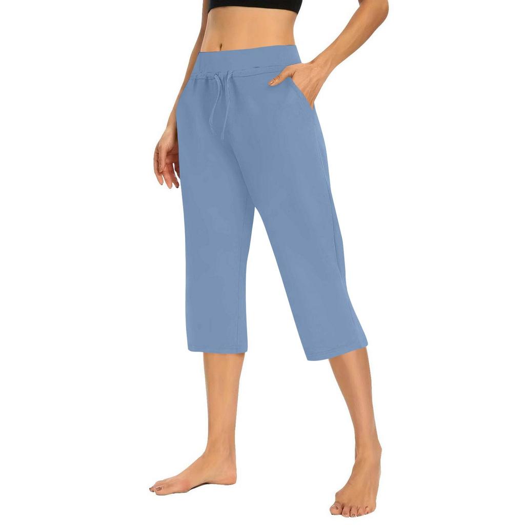 Women's Solid Color Casual Pants Elastic Waist High Waist Drawstring 3/4 Pants Athletic Casual Pants