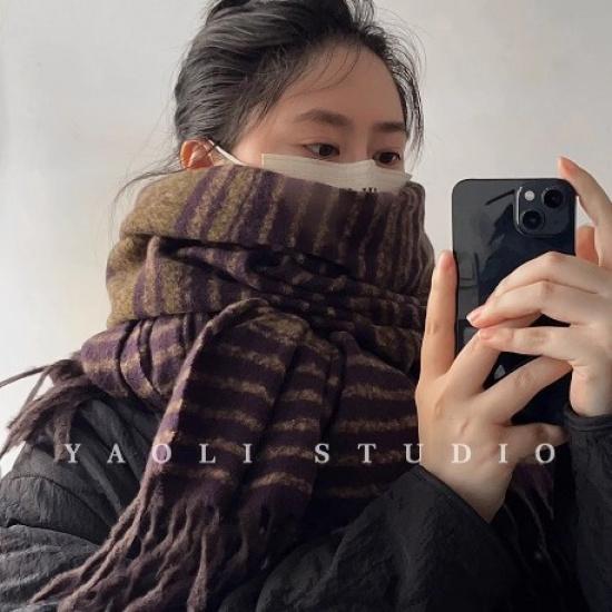 Sweet Taro Purple Striped Thick Tassel Scarf For Women In Autumn And Winter Warm And Atmospheric Shawl Scarf