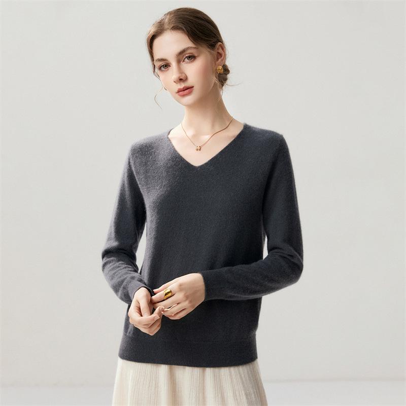 Lekasha Women's Cashmere Goat Wool V-Neck Pullover: Autumn/Winter Plain, Solid Color, Loose Fit Base Layer.