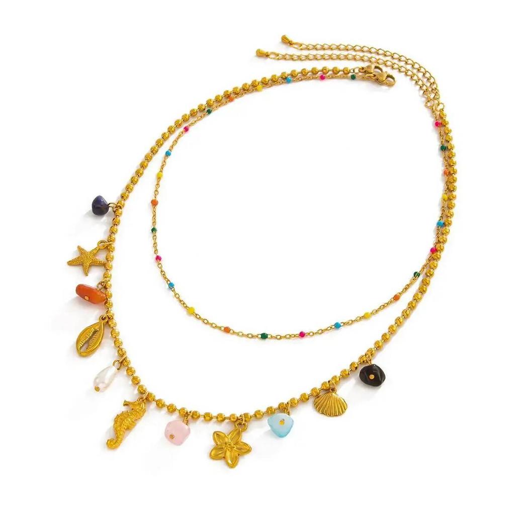 SHIXIN Stainless Steel Doublelayer Gold Color Beaded Necklace Women Creative Seahorse Scallop Pendant Choker Jewelry Accessory