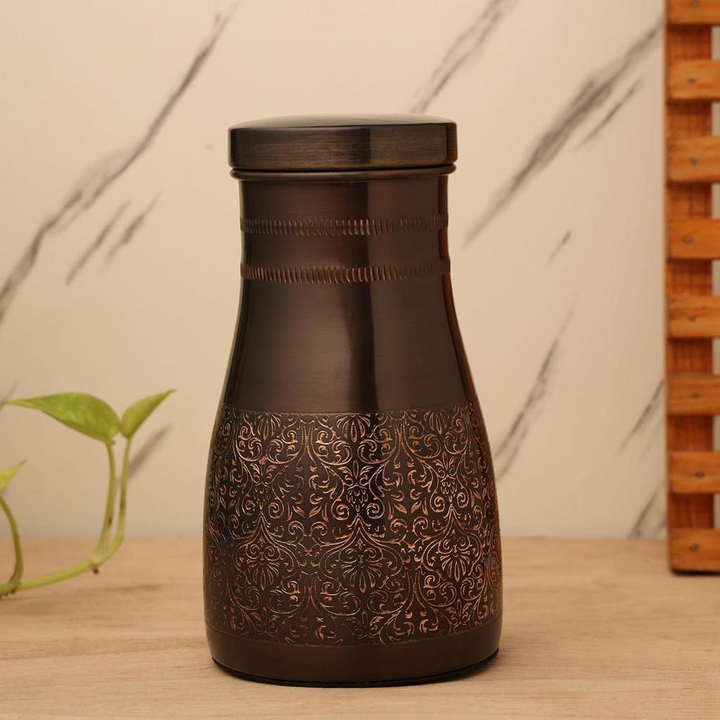Copper Bedroom Jar with Inbuilt Glass | Rarity Carving Design | Handcrafted, Leakproof, Jointless | Ayurvedic Benefits, Antioxidant Properties |