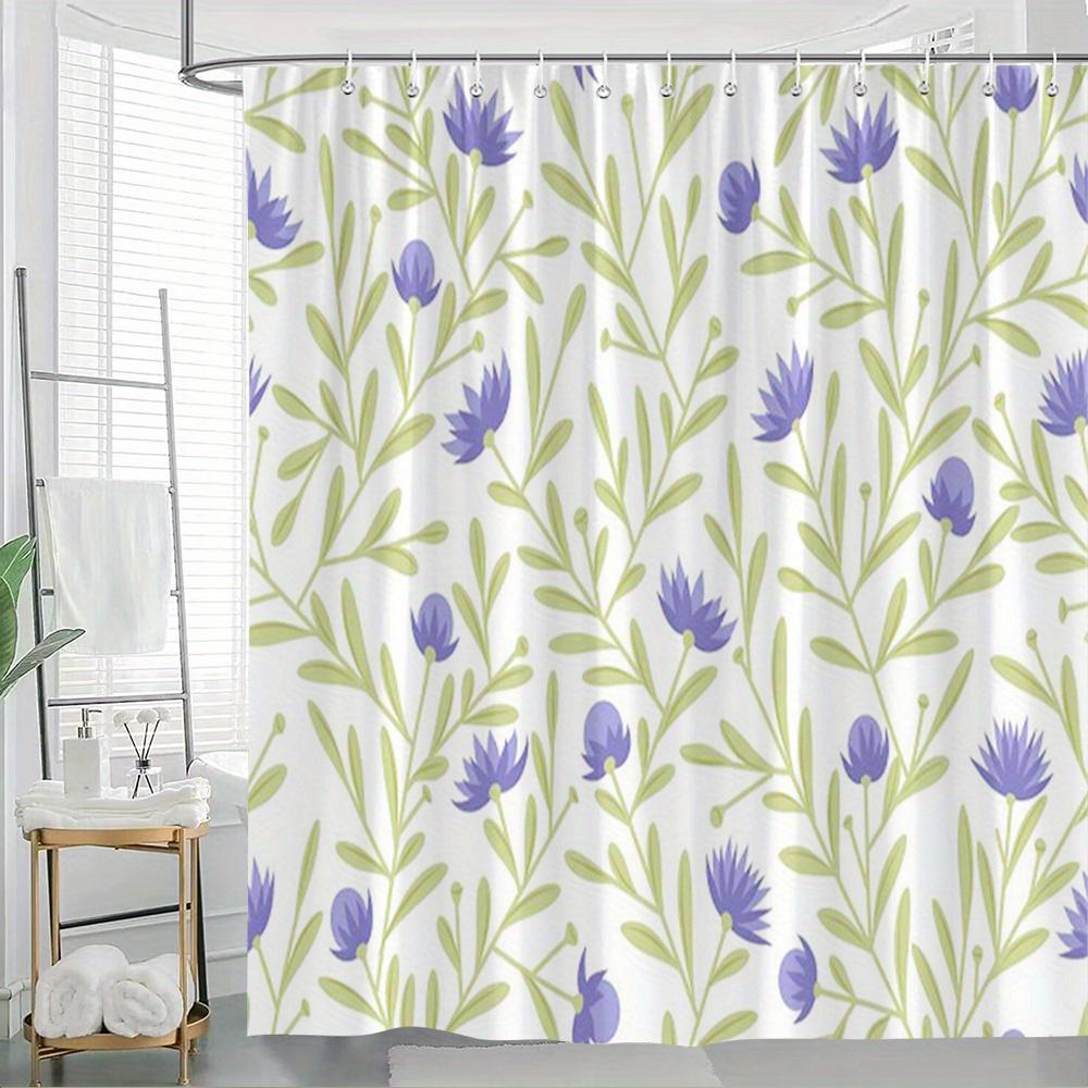 

Elegant Floral Shower Curtain - Purple Flowers & Light Green Leaves on White, Minimalist Botanical Design, Washable W90xH180cm