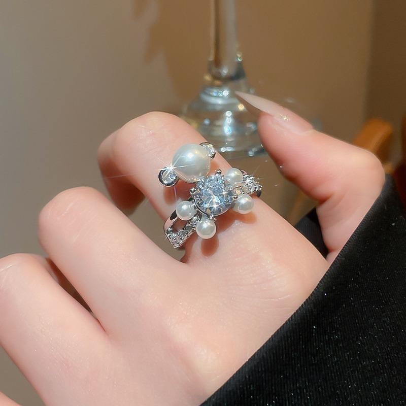 Cold wind zircon pearl opening ring Korean elegant temperament versatile index finger ring light luxury high-end jewelry women