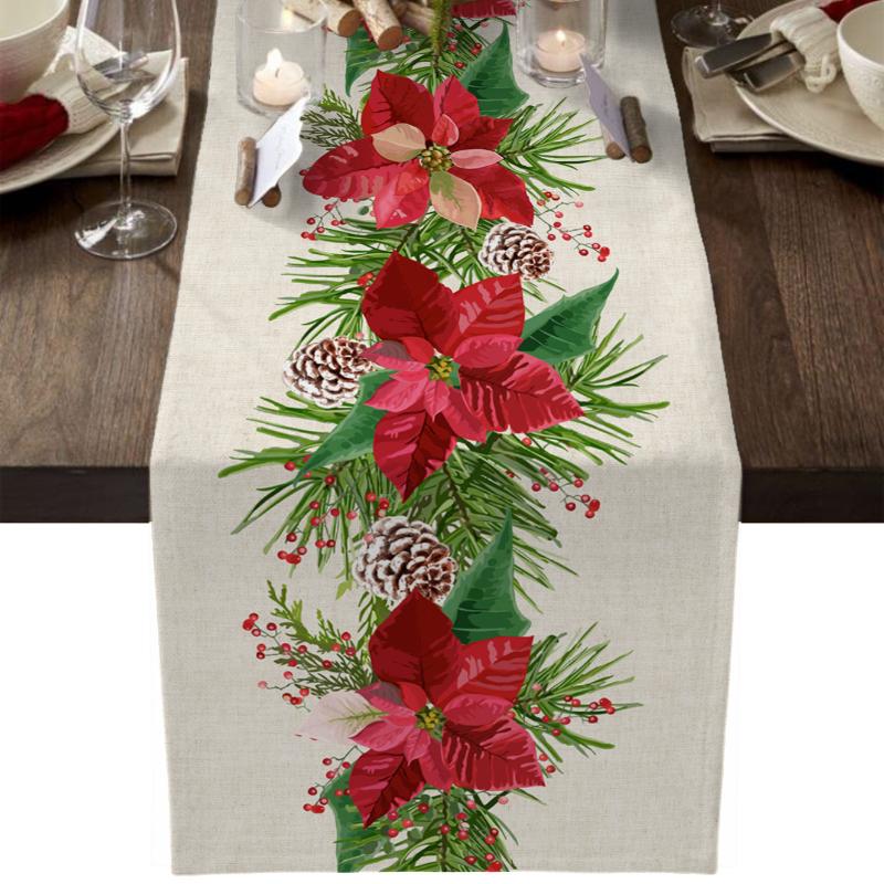 Christmas Flower Dining Table Table Banner Wedding Party Home Christmas Eve Decoration Table Cover Linen Festive Tablecloth