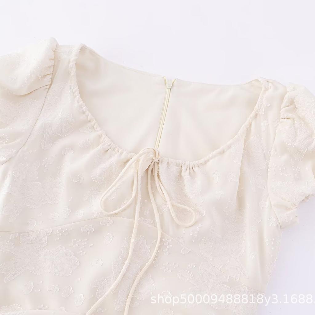 French Bubble Sleeves, Gentle Wind Temperament, Elegant Jacquard Drawstring Dress, Women's High-end Feeling, Waist and Thin Long Dress, Summer