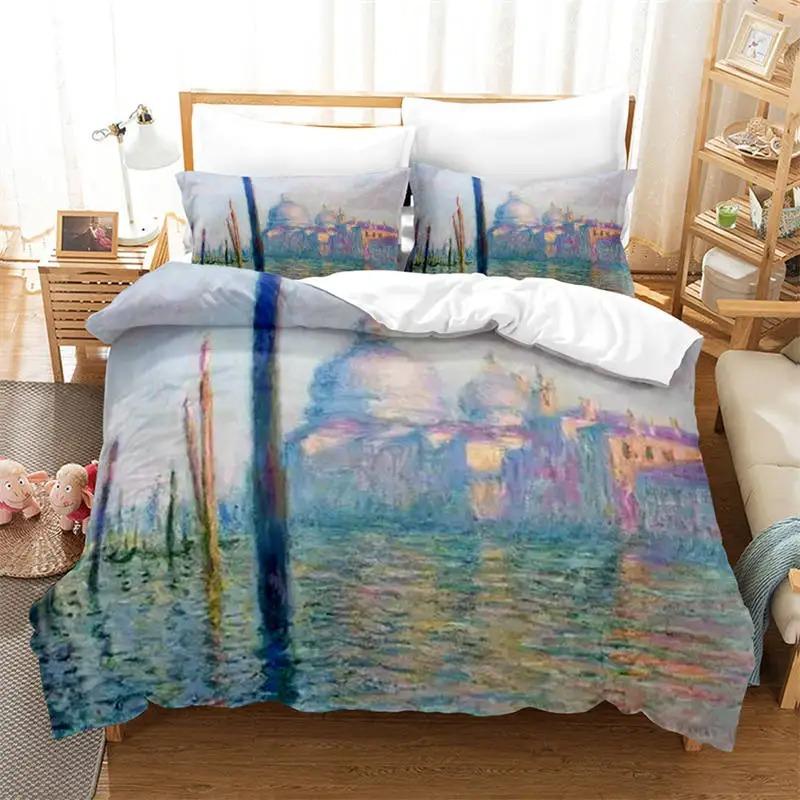 3D Artistic Bedding Set King Monet Van Gogh Style Sky Oil Painting Pattern Printed Duvet Cover With Pillowcases Hot Sale 3PCS