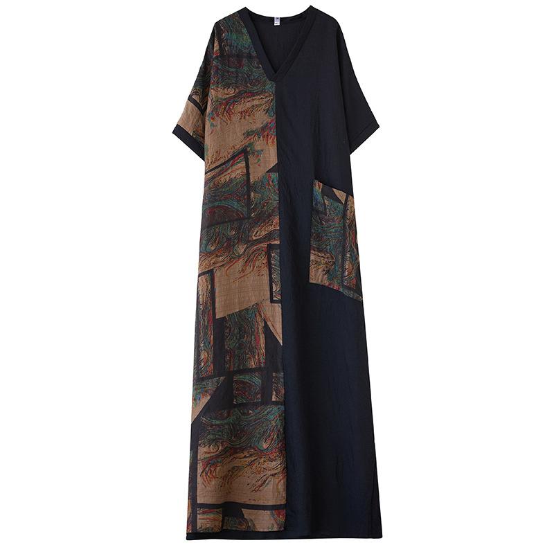 Sommer Locker Damen Baumwolle und Leinen Bedrucktes V-Ausschnitt Kleid