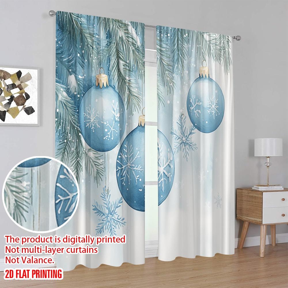 2pcs,2D Plane Printing Window Curtain Blue Christmas Ornaments Snowflakes_a (3) Versatile 100% Polyester (without Rod) Holiday