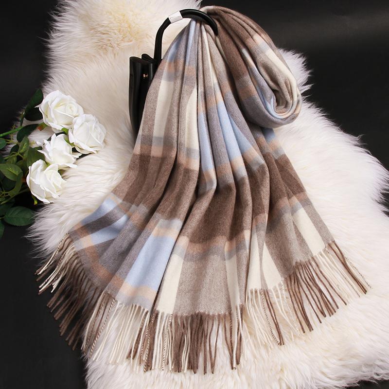 Winter 100% Lamb Wool Scarf Women Luxury Thicken Warm Shawls Wraps Checkered Pashmina Foulard Femme Plaid Cashmere Scarves