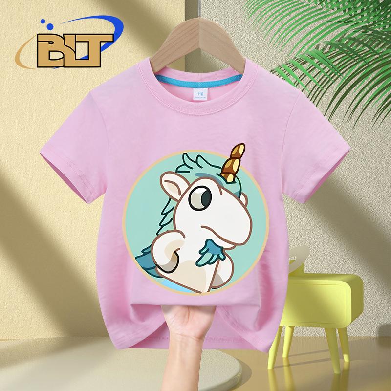 Cute unicorse hole cartoon print kids Tshirt summer childrens cotton short sleeve casual tops for boys and girls
