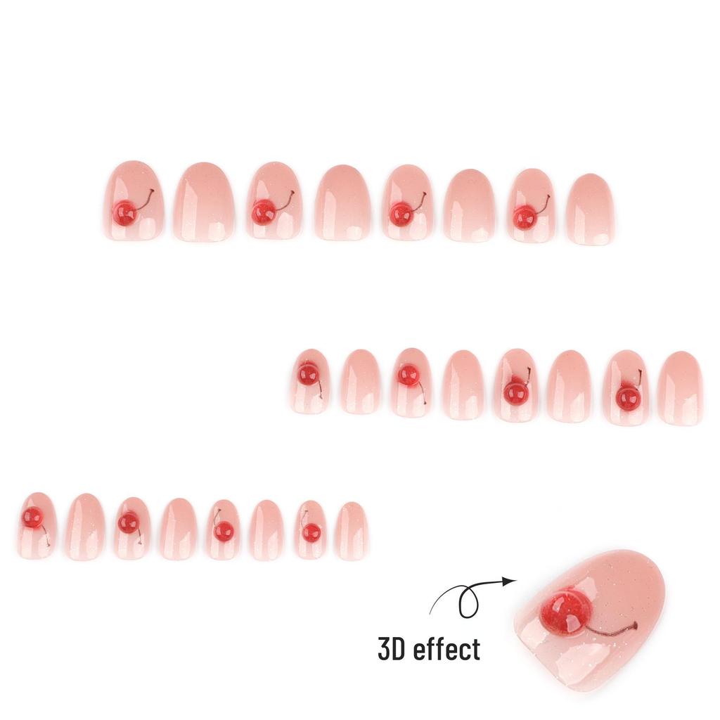 3D Glitter Cherry Nail Art Tips - Short, Round, Wearable Sparkle Nails