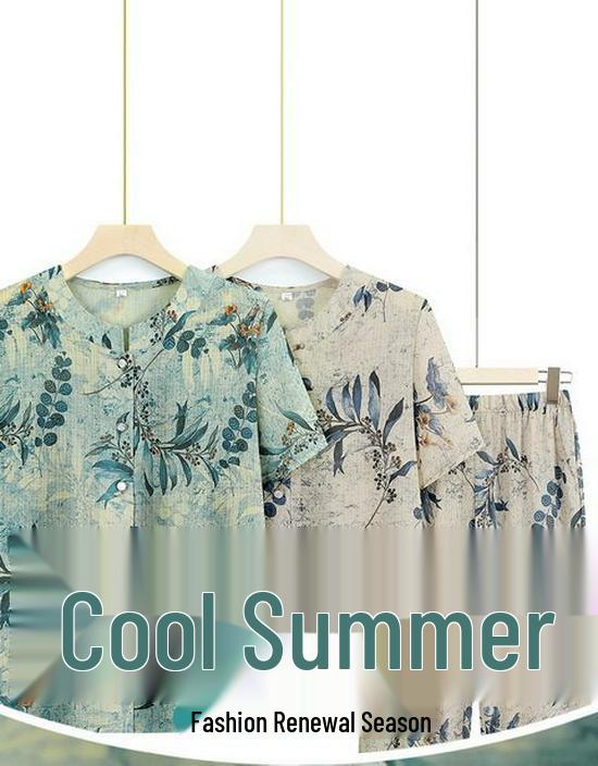Grandma's Summer Short Sleeve Two-Piece Suit - Ice Silk Casual Wear for Middle-Aged and Elderly Women