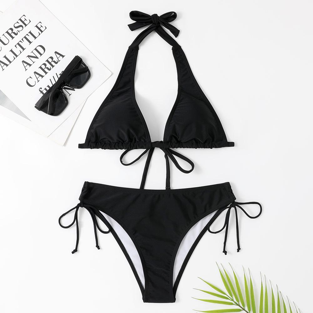 European & American Tie-Up Bikini: Sexy Solid Color Swimwear for Beach Vacations