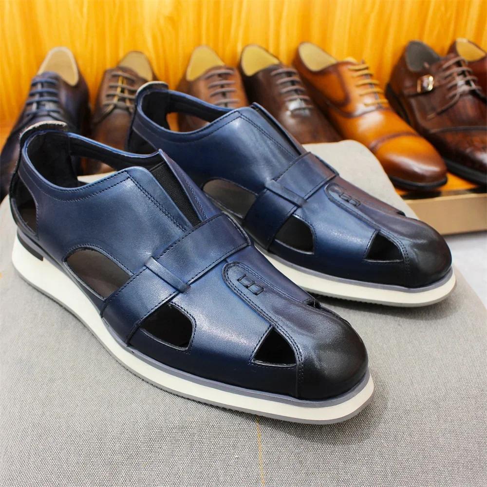 Fashion Men's Classic Arabic Style Genuine Leather Slip-On Sandals Casual Business Party Formal Hollow Flat Shoes