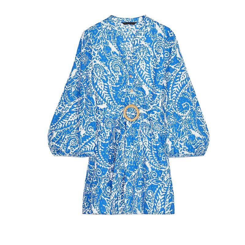 

Spring and Summer Women s Clothing Vacation Style Contrast Color round Neck with Belt Embroidered Shirt Type Long Sleeves Dress 2157047 Blue L