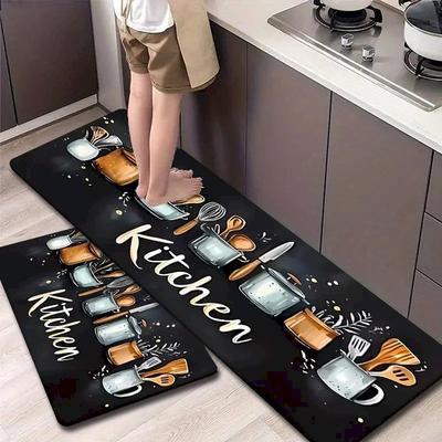 Kitchen Utensil Rug Set,Non Slip Oil Absorb Washable Anti Fatigue Mat,Black Letter Kitchen Entry Decor Floor Rug