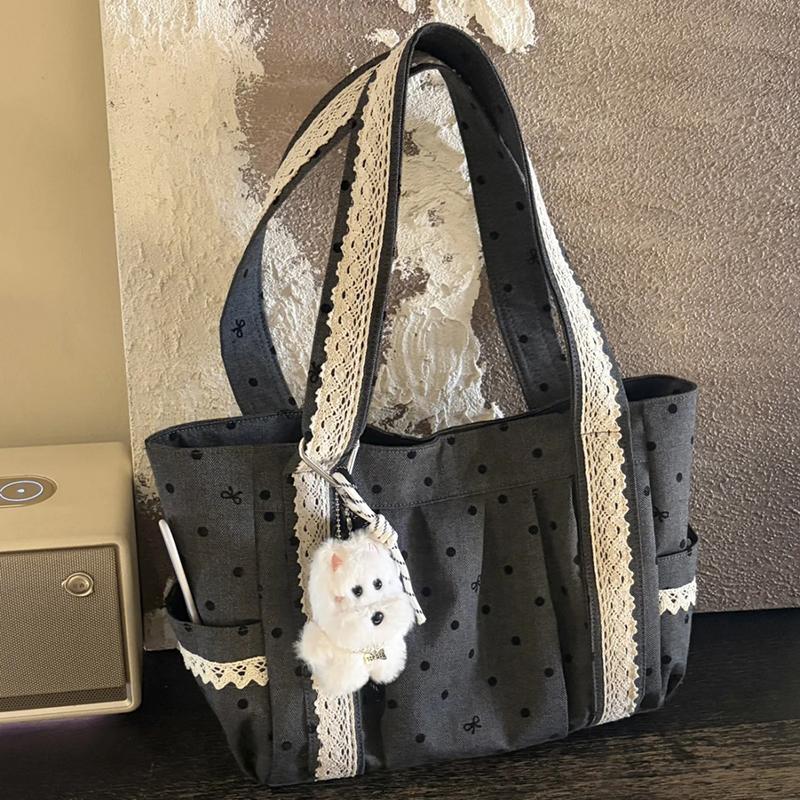 Polka Dot Lace Tote Bag Large Capacity Women's Shoulder Bag Student Commuter Handbag With Contrast Trim Lightweight Shopping Bag
