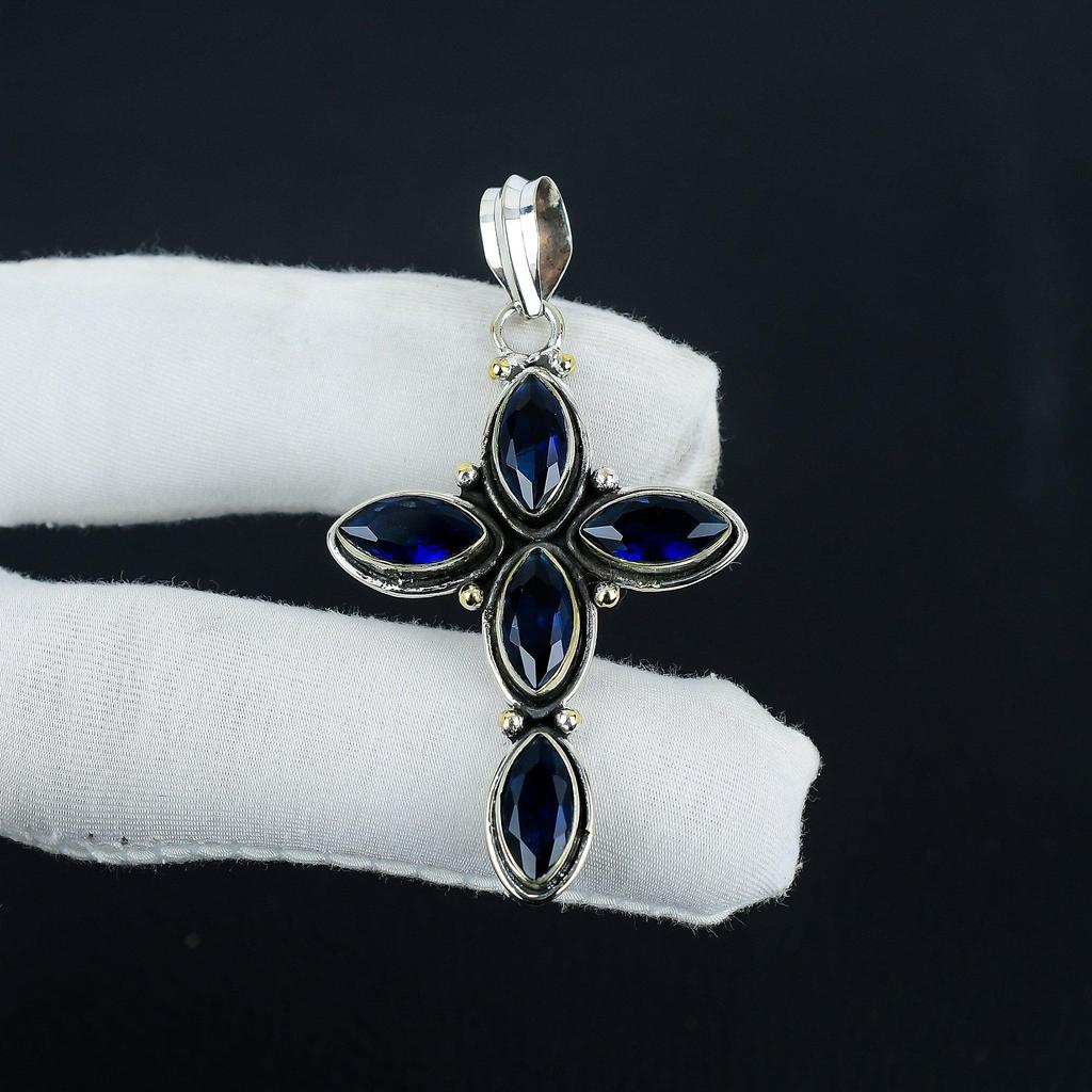Blue Sapphire Gemstone Silver Cross Pendant in 925 Sterling Silver- Handmade Design, Everyday Wear Jewelry, Unique Pendant Gift For Her