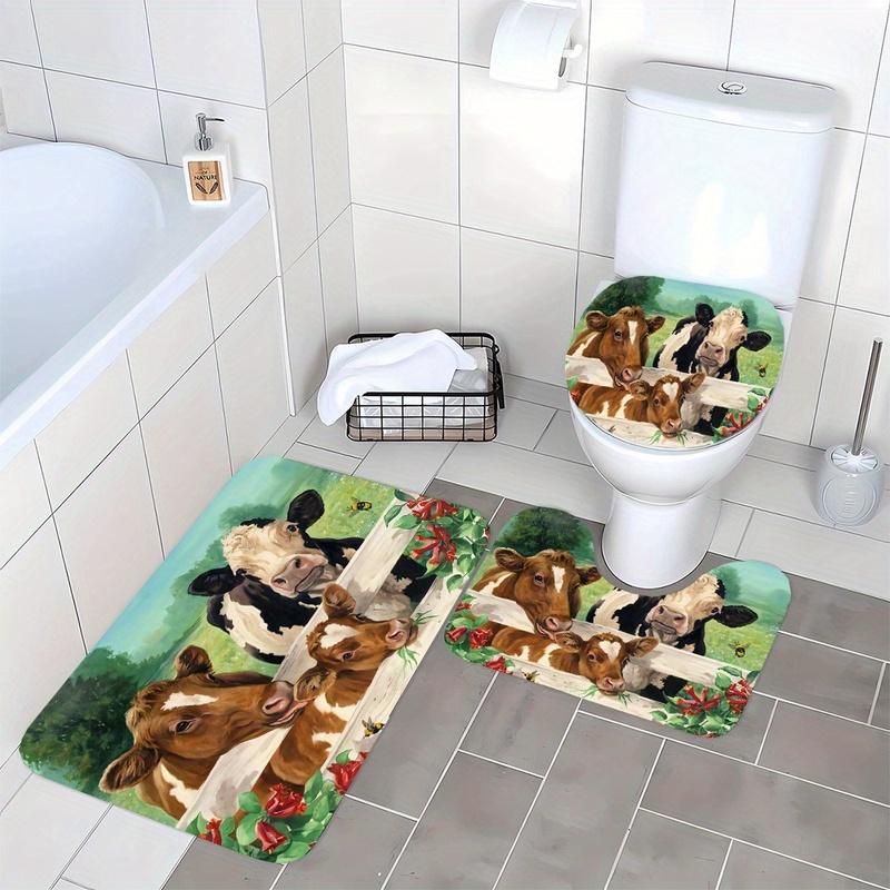 3pcs Farm Animal Cow Bathroom Rug Set Non-Slip U-Shaped Mat and Toilet Lid Cover Pastoral Theme Washable Indoor Floor Mats